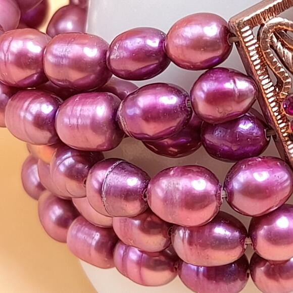 Pink Dyed Pearl Rhinestone Bracelet, Rose Gold Tone Chains, Pink Rhinestones, 7" - Picture 5 of 10